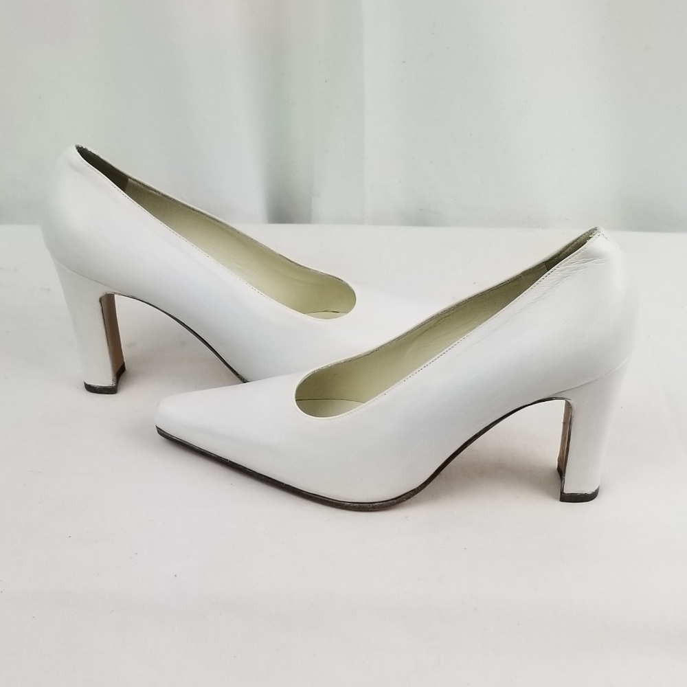 Alba Balenciaga Style White Leather Block Heels Pumps Size 37.5, US 6.5